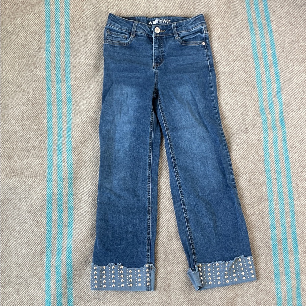 Wallflower Dark Blue Wide-Leg Jeans with Studded Cuffs